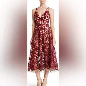 Dress the Population Blair Red Lace Sequin Fit and Flare Dress Sz 10 NWT